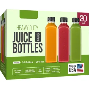 12oz 20pcs Juice Bottles With Caps - MADE IN USA Juice Containers With Lids For Fridge - Juicer Bottles With Tamper Evident Caps, Shatterproof, BPA-Free, Leak proof, Disposable & Recyclable
