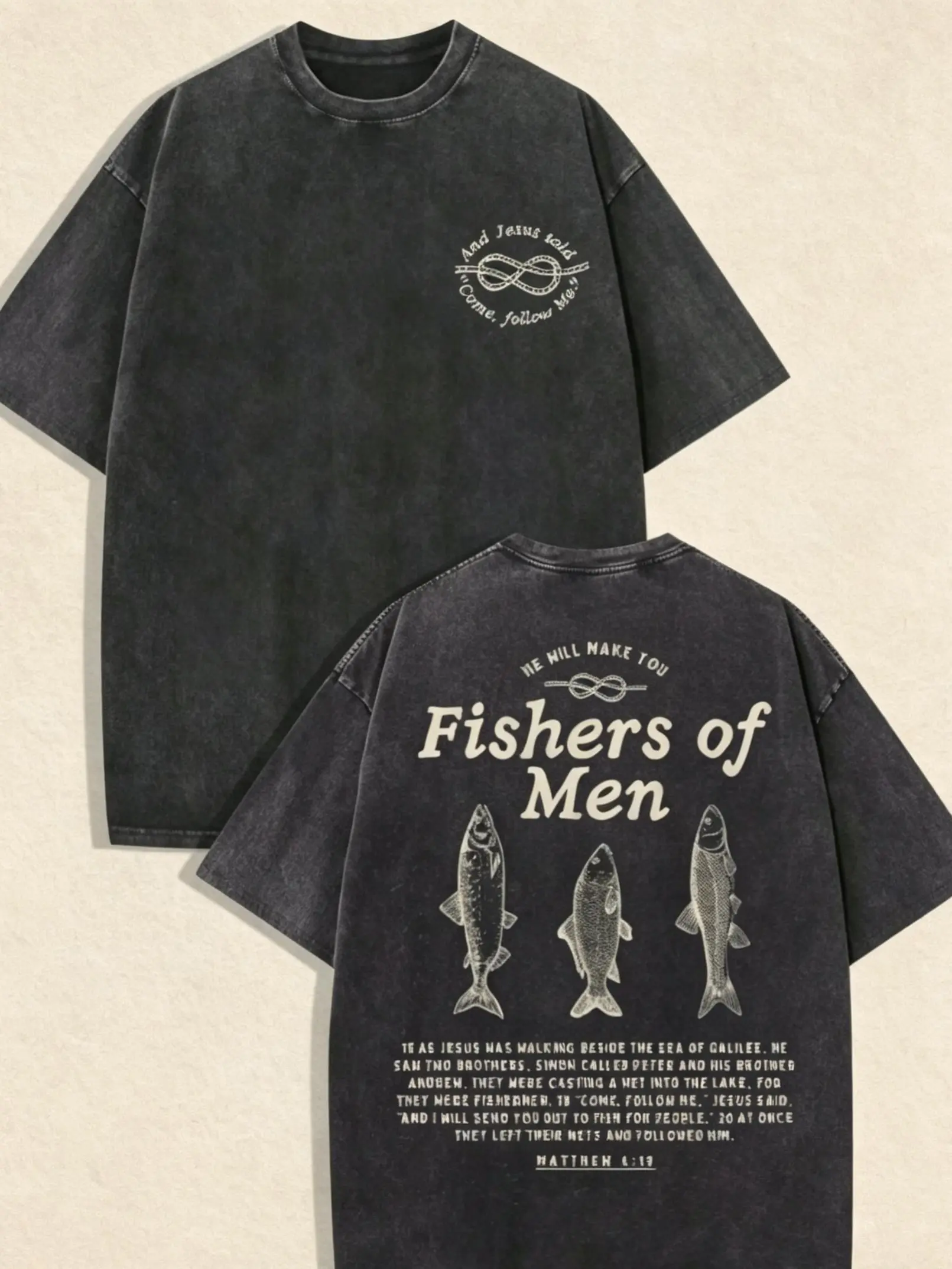 Men Women Vintage Washed Black Oversized T Shirt Double Sided Fish Rope Print Fishers of Men Matthew 4:19 Bible Verse Crew Neck Short Sleeve Christian Faith Streetwear Tee.100% Cotton T-Shirts