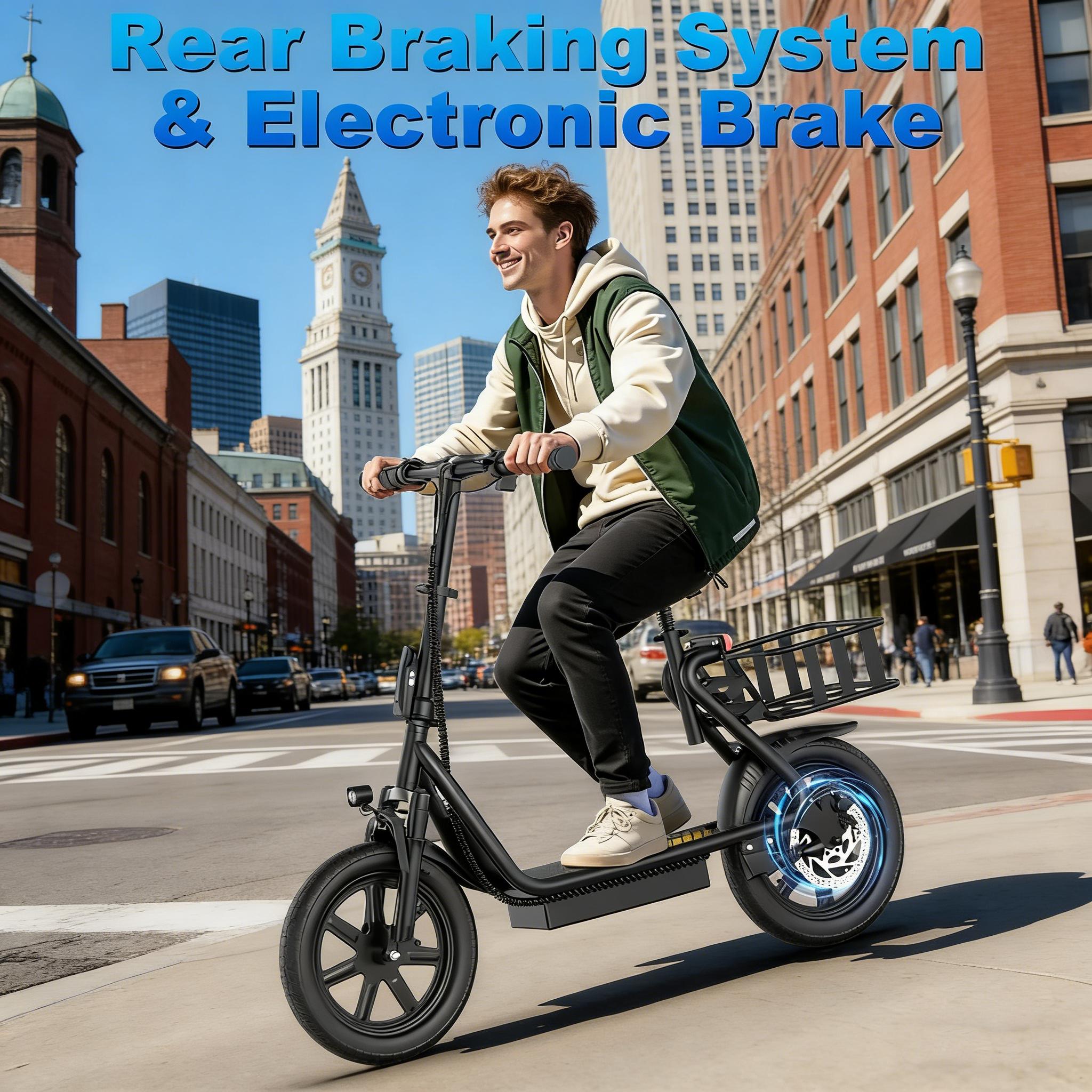 Electric Scooter for Adults with Seat,48V 10.4Ah Battery, Top Speed 22 mph, Driving Range 21-27 Miles, Pet-Friendly Design with Rear Basket