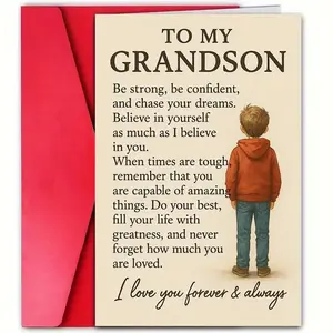 1pc Grandson Greeting Card From Grandparents, Encouragement Inspirational Gratitude Message Card, Warmth Heartfelt Design, Quality Paper Material, Perfect For Birthday, Graduation, Special Occasion Gift