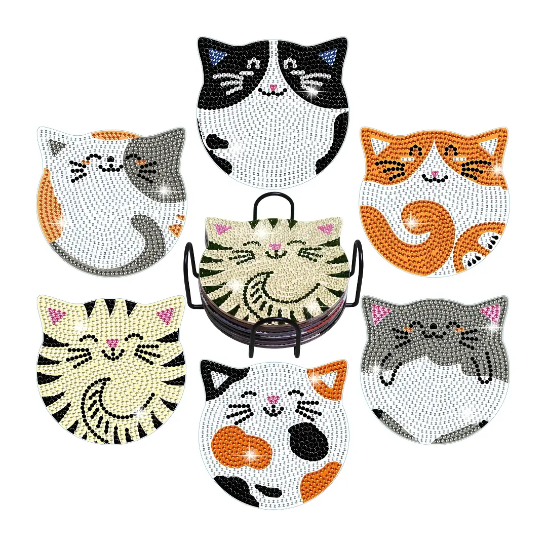 6 PCS Traditional Animal DIY Cat Diamond Painting Coaster Kits with Double Tools, Non-Slip Insulated Indoor Coasters for Beginners, Safe for Drinks, Ideal Holiday Gift for Kids & Adults
