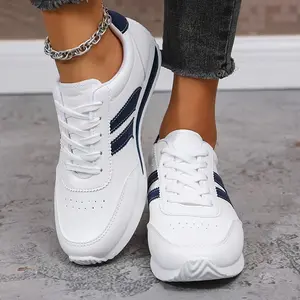 Women's Lightweight Fashion Sneaker-Comfortable, Non-Slip, Lace up Casual Sneaker, with Cushion Insole, White and Blue Stripe Design, Low-Cut Eva Sole, Suitable for All-Day Wear