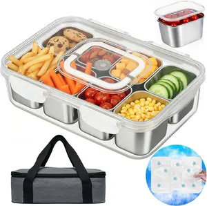 Snackle Box Container with Ice Pack Stainless Steel,Portable Snack Boxes with Lid and Insulated Bag,8 Compartment Snackle Storage Divided Serving Tray Beach Road Trip Picnic for Fruit Charcuterie ANYPROLUS