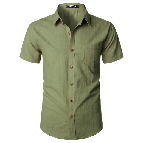 ZEROYAA Men's Fitted Cotton-Linen Fabric Casual Short Sleeve Button-Up Shirt - Lightweight, Thin, Plain, Pocketed Beach Top - Retro Style for Back to School, Party