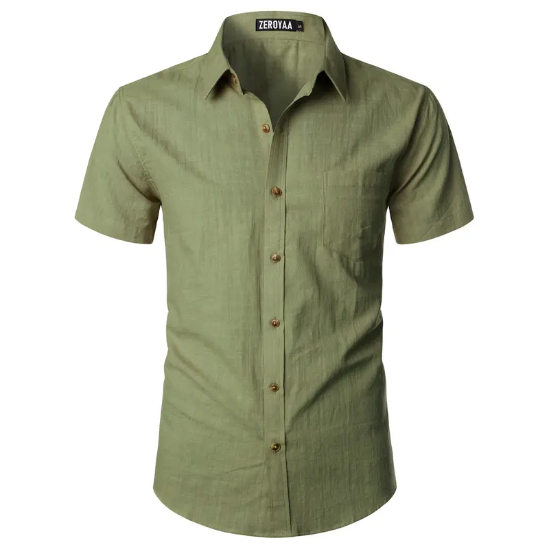 ZEROYAA Men's Fitted Cotton-Linen Fabric Casual Short Sleeve Button-Up Shirt - Lightweight, Thin, Plain, Pocketed Beach Top - Retro Style for Back to School, Party