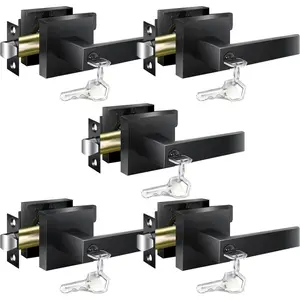 5 Packs Matte Black Interior Door Handles & Door Knobs, Reversible Lever Keyed Alike Heavy Duty Door Lock Sets for Bedroom