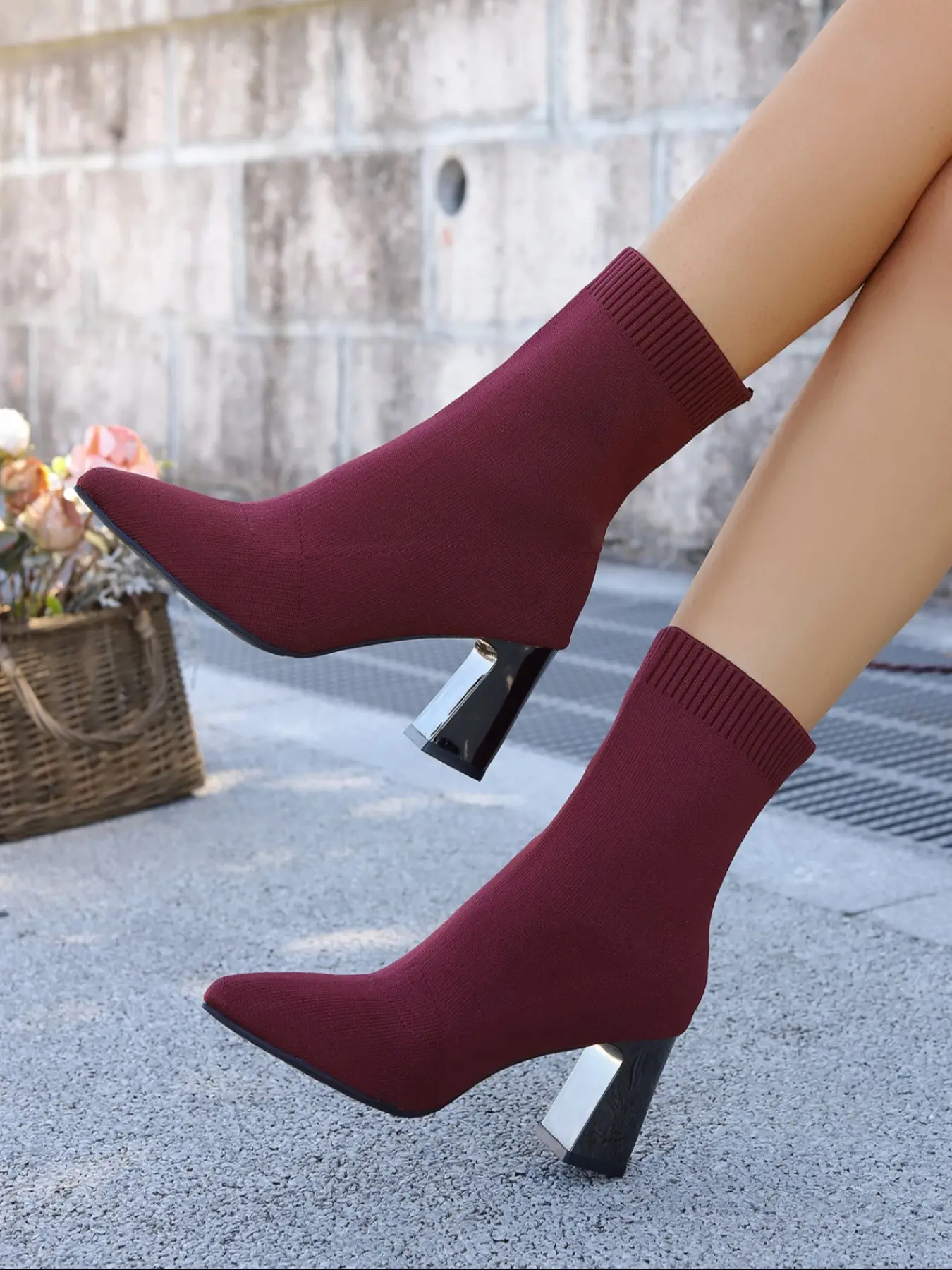 Women's High Heel Shoes, Pointed Toe, Elastic Knit Design, Perfect for Work & Casual Wear, Winter Shoes, Pointy Toe Boots, Comfortable Textile Upper Material, Pointed Toes Boots, Footwear Boot