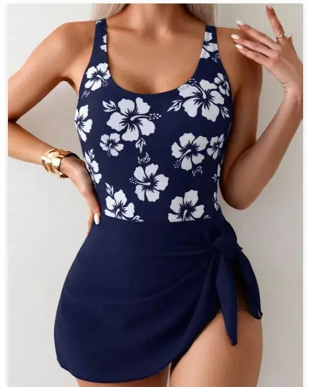 Women's Tummy Control High-Waisted 1-Piece Swimdress, Vintage Allover Floral Print Style, Skirted Full Coverage Back Detail Swimdresses for Beach Summer Sports & Outdoor Use, High Waisted Swimwear