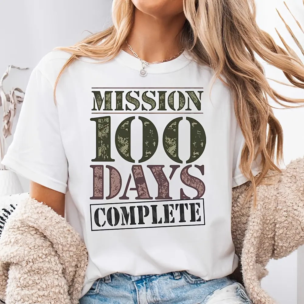 Mission 100 Days Complete Graphic Print, T-Shirt, Fitness Challenge Milestone Celebration, Gym Workout Casual Wear