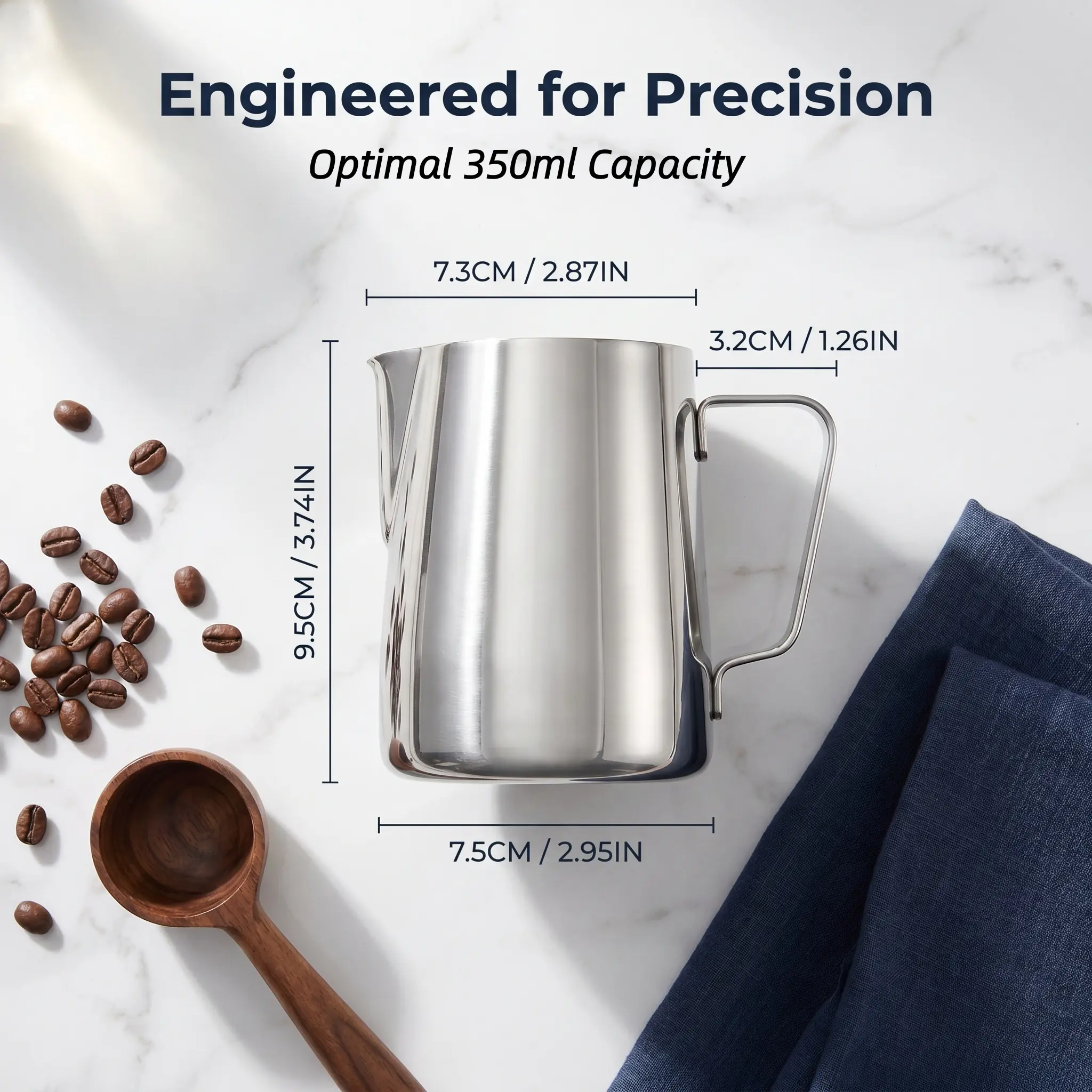 Milk Frothing Pitcher, 12oz，Stainless Steel Milk Frother Cup with Measuring Scale,Coffee Latte Art Cup, Espresso Accessories for Cappuccino