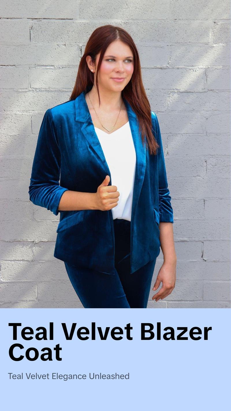 Velvet Blazer with Ruched Sleeves in Teal Color - Detailed Product Description Provided