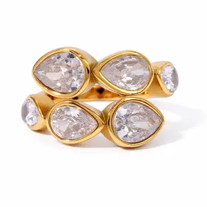 18K Gold Plated Stainless Steel Cubic Zirconia Adjustable Ring