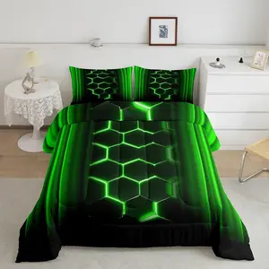 Abstract Ombre Designer Comforter Set,Full Size Honeycomb Luxury Bedding Set,Green and Black Geometric Comforter,Fashion Quilt Set with 2 Pillowcases, Bedroom Bedding Set, Breathable Duvet Set