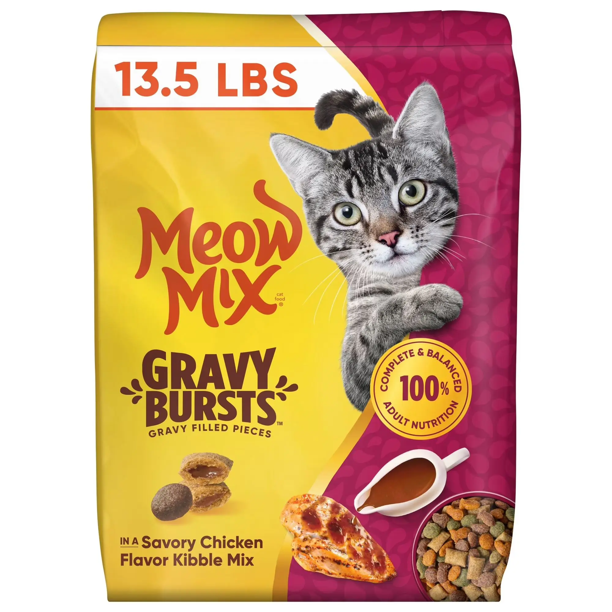Meow Mix Gravy Bursts, Savory Chicken Flavor Mix, Gravy Filled Dry Cat Food, 3 lb. Bag