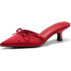 Coutgo Womens Kitten Heels Mules with Bow Satin Slip on Pumps Closed Pointed Toe Dress Wedding Party Shoes