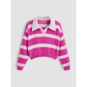 Cider Knitted Jacquard Collar Striped Long Sleeve Top Curve & Plus Dealsforyou