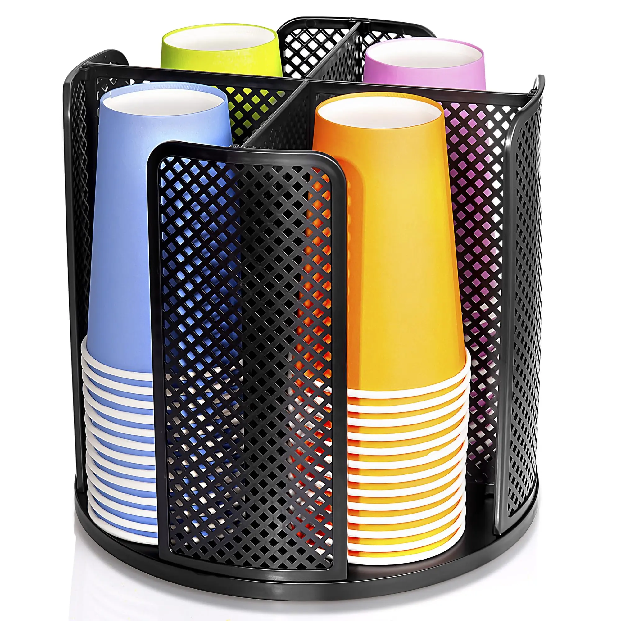 Rotating Paper Cup Dispenser, Cup Holder with 4 Compartments, Disposable Coffee Cup Dispenser Removable, Plastic Cup Storage & Lid Holder for Countertops, Kitchen, Coffee Stations (Black)