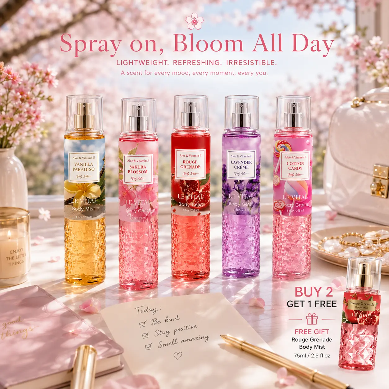 LE VITAL Hydrating Fine Perfume Spray, 236ml – A Versatile Body Mist Featuring 5 Distinct Scent Profiles, Enriched with Aloe and Vitamin E, Offers Lasting Freshness and a Refreshing Fine Spray Application for Women