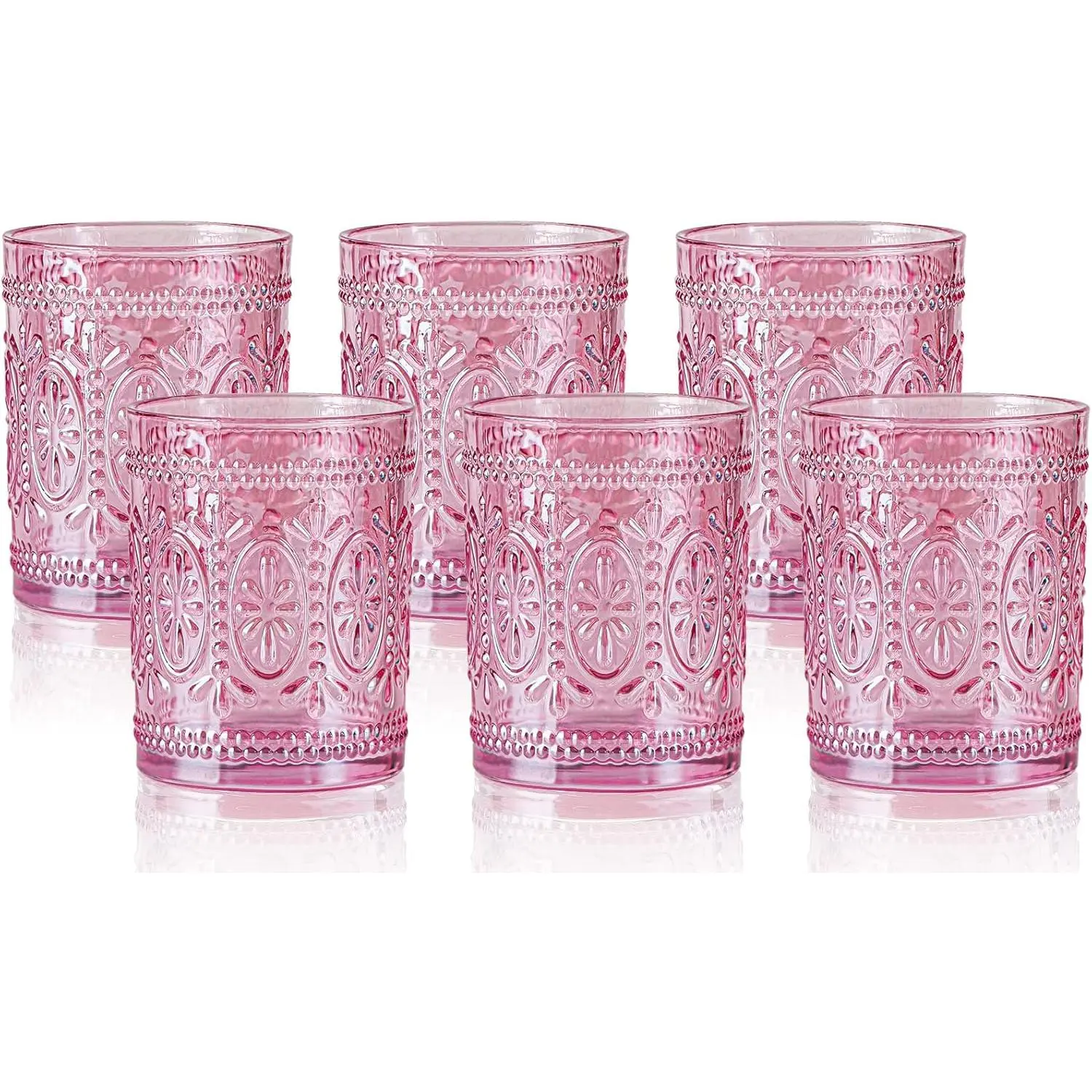 4 Pack Pink Vintage Glassware Set, 10oz Romantic Drinking Glasses, Colored Water Glasses, Pink Embossed Glass Cups for Juice, , , Iced , Soda
