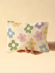 Cartoon Floral Pattern Plaid Makeup Bag, Lightweight Zipper Lined Cosmetic Pouch, Multifunctional Organizer for Toiletries & Accessories