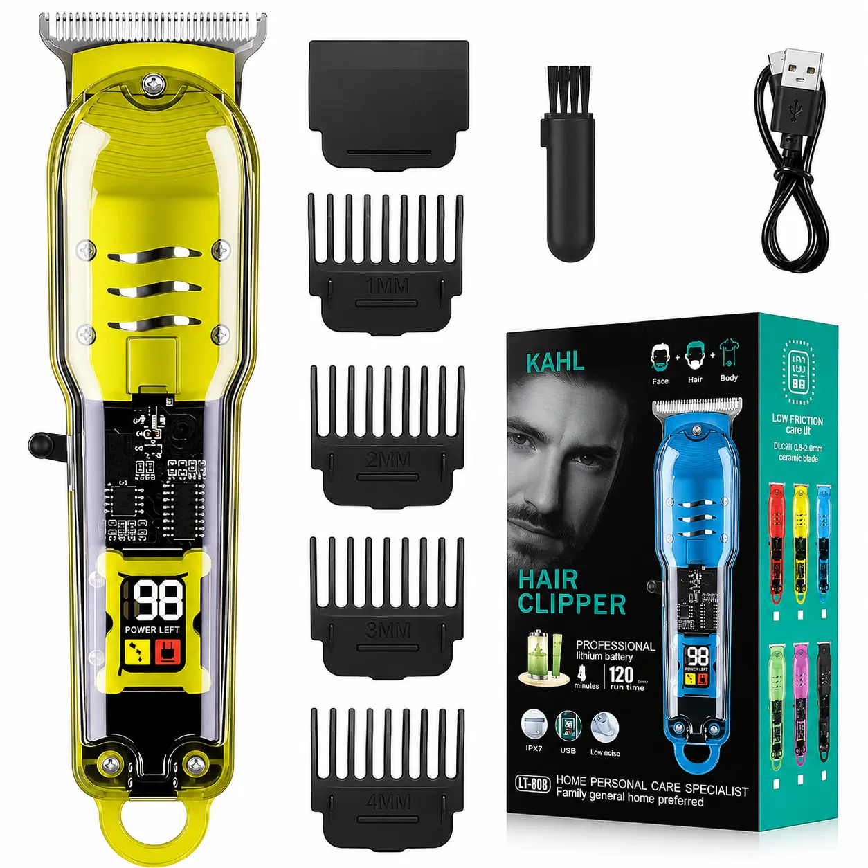 Professional Transparent Cordless Hair Clipper for Men, Rechargeable Silent High-Speed Motor Trimmer, USB-C Precision Home Salon Grooming Machine, Portable Durable Smooth Easy-Use Electric Hair Cutter