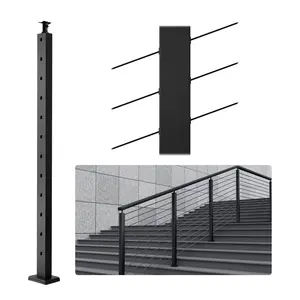 【SummerFinds】VEVOR Cable Railing Post, 42" x 1" x 2" Steel 30° Angled Hole Stair Railing Post, 12 Pre-Drilled Holes, SUS304 Stainless Steel Cable Rail Post with Horizontal and Curved Bracket, 1-Pack, Black