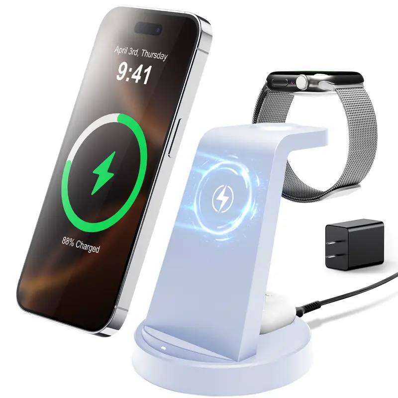 Sohochic MagSafe Compatible Black-with Adapter 3-in-1 Magnetic Wireless Charger Stand (w/Cable), 15W Power Mobile Charger Station for iPhone 15/14/13/12, Watch Series 9-1, AirPods Pro, LED Glow Nightlight, Easy Alignment Electronic Devices Power Hub techv