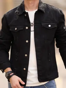 Men's Solid Color Denim Jacket, Casual Fashion Ripped Jacket for Daily Wear, Men's Clothes for All Seasons, Coats, Cotton