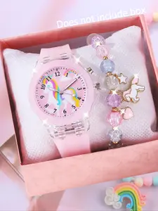 Cute Unicorn Design Watch & Bracelet Set, Fashionable Analog Quartz Watch & Jewelry Set for Girls, Trendy All-match & Exquisite Watch Set for Birthday Gift