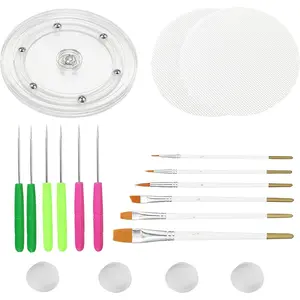 19 Pcs Cookie Decorating Kit Supplies Including 1 Acrylic Turntable 6 Scribe Needle 2 Silicone Mesh Mats 6 Cookie Decoration Brushes 4 Rubber Feet Bumpers