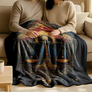 1 piece Libra Zodiac Symbol Design themed flannel blanket - Super soft flannel blanket in modern style, suitable for sofas and beds, all-season use, digitally printed pattern, 100% polyester material, machine washable, suitable for travel, camping