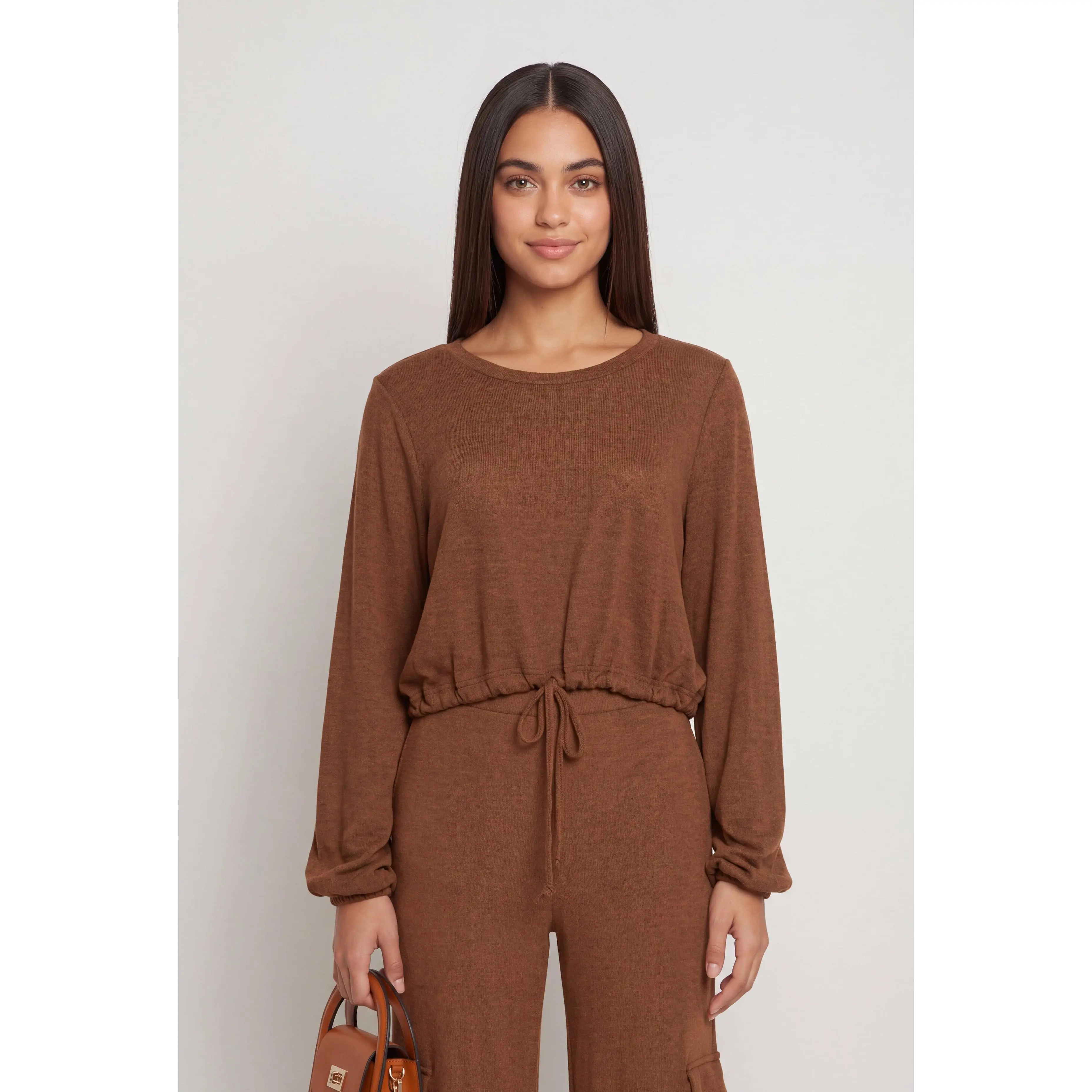 Women's Soft Crew Neck Long Sleeve Cropped Blouse Top - Adjustable Drawcord Hem, Twist Style, Spandex Comfort Fit Casual Shirt