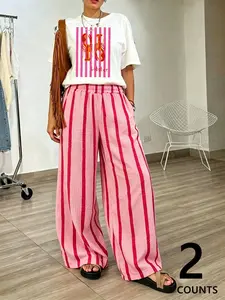 Women's Two-Piece Outfit: Lobster Print T-Shirt and Pink Striped Wide-Leg Pants, a Casual Summer Loungewear Set, Perfect for a Trendy Street Style Vacation Look.