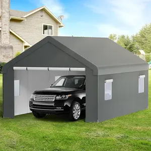 13x20 FT Carport, Heavy Duty Canopy Storage Shed with Mesh Windows and Galvanized Steel Tube, All-Season Tarp, Wide Range of Appliaction for Car, Boat and Reunion, Gray
