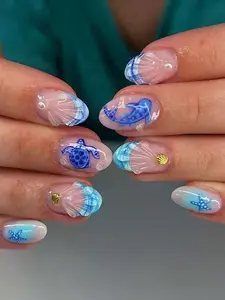 Short Oval Ocean Theme Press-On Nails - Sea Turtle, Whale & Shell 3D Pearl Design