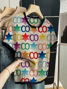 Geometric Print Round Neck Sweater, Casual Short Sleeve Knitwear for Spring Summer Fall, Comfortable Warm Women's Clothing