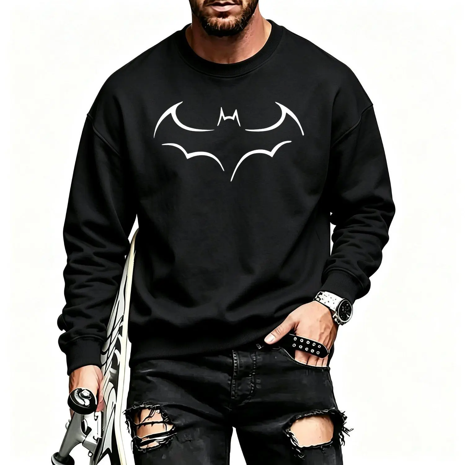 Men's Sports Sweatshirt 2024 Large Size Loose Fashion Bat Print Long Sleeve Casual  Athletic Pullover Top