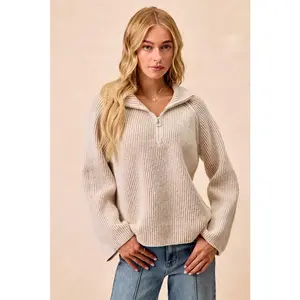 BiBi Two Tone Rib Texured Knit Collared Top with Zip Up
