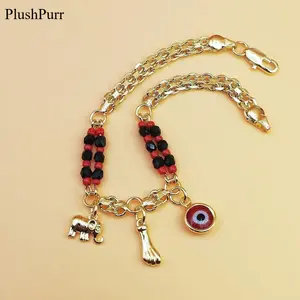 2-Pack Boho Red & Black Beaded Elephant Charm Bracelet – Gold-Plated Copper Devil’s Eye Pendant, Bohemian Style Jewelry for Parties, Music Festivals & Daily Wear, Versatile Year-Round Accessory, Perfect Bohemian Gift for Women