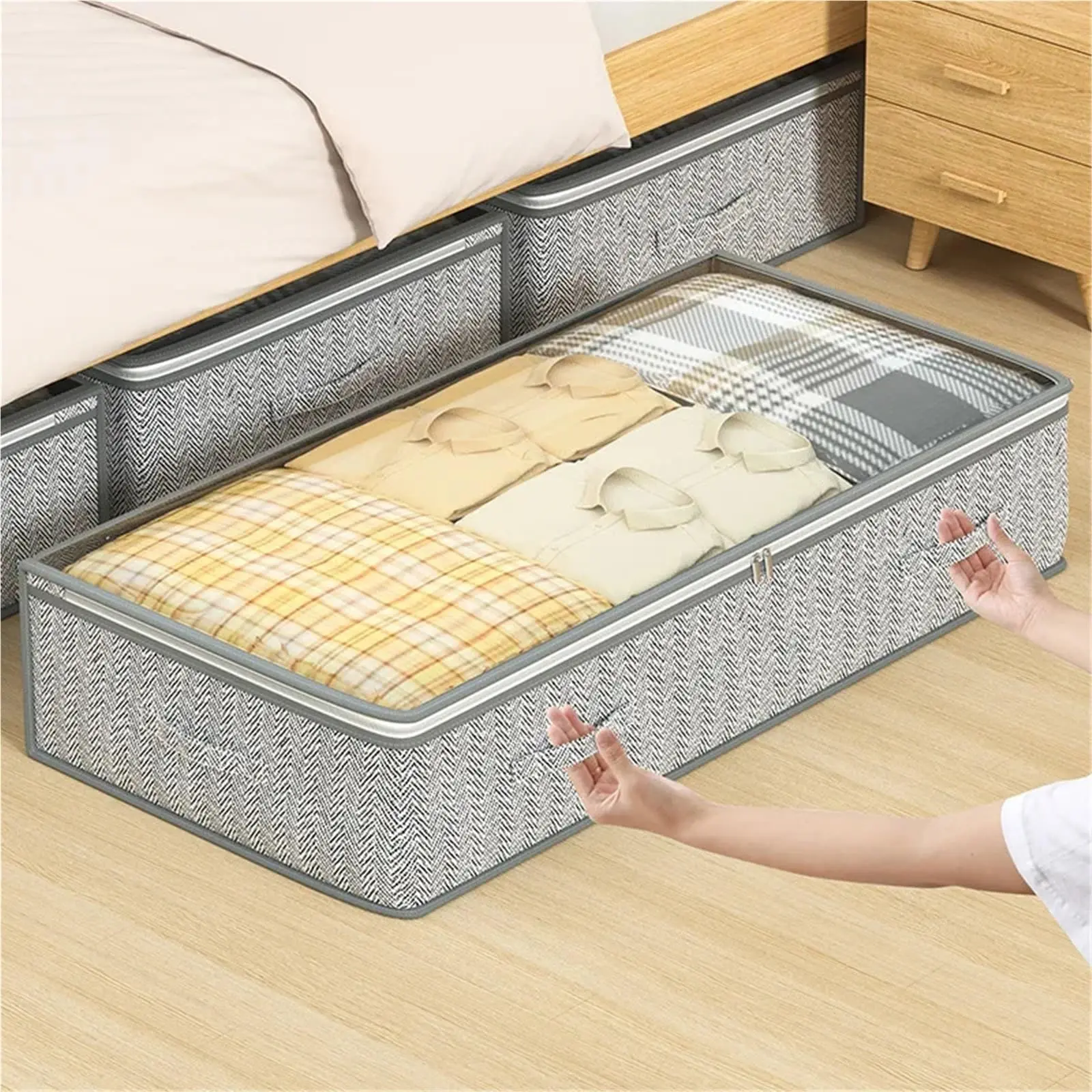 Foldable Ultra-Thick Rectangular Under Zippered Bed Storage Box Under Bed Storage Container with Clear Window & Reinforced Handles Sturdy Fabric, 3 Handles, Bedroom Storage Organizer for Bedding Home Organization