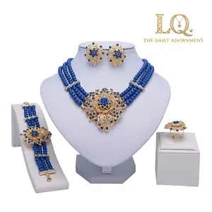 LQ Premium Royal Blue & Gold Flower Statement Set (4 Pcs) - Multi-Strand Beaded Choker Necklace - 2026 Fashion Trend Accessories - Heavy Luxury Jewelry for Wedding, Party, Indian Saree & Mother's Day Gift