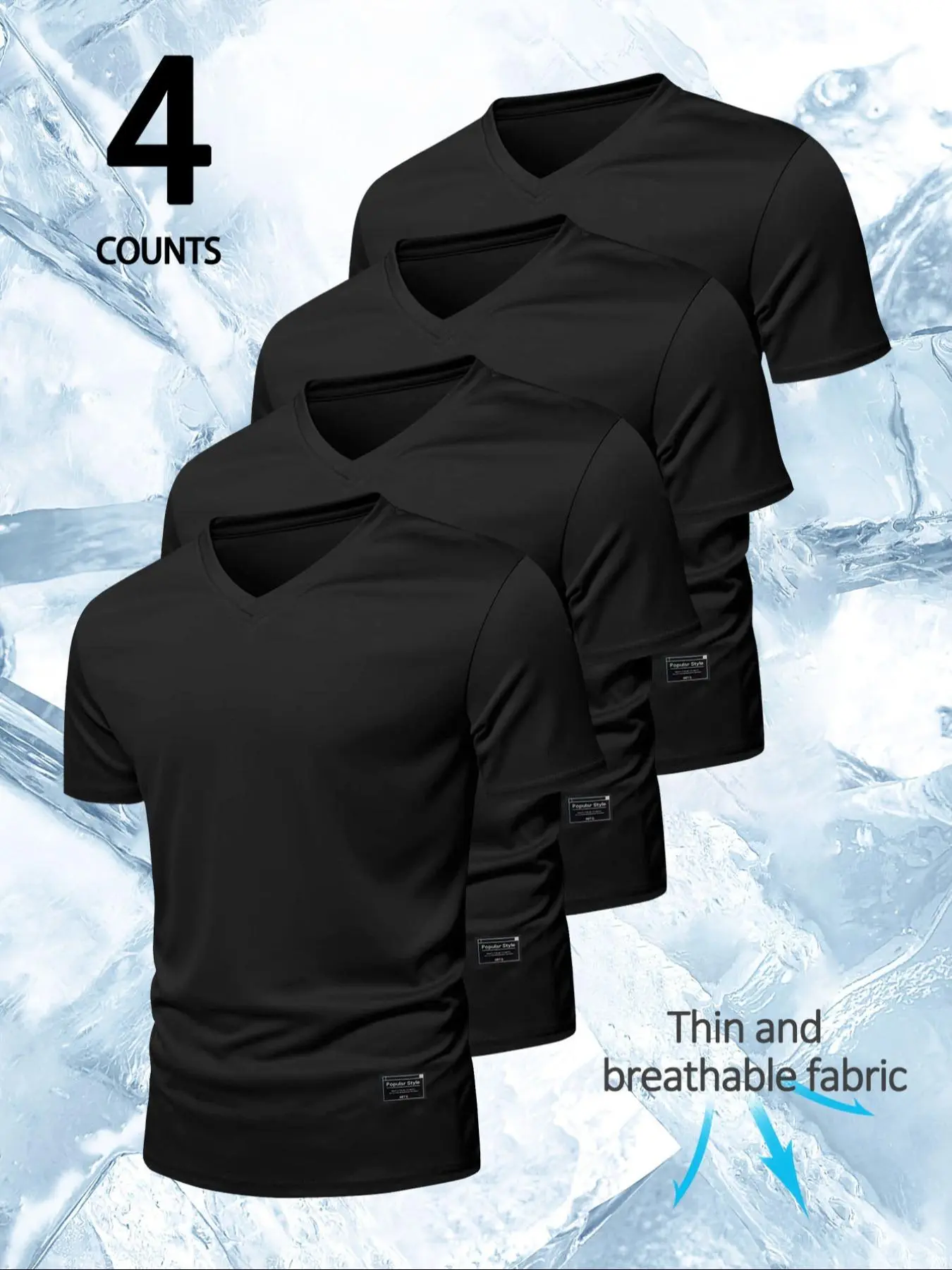 4pcs/Set Men's Solid Color Casual Loose V-Neck Short Sleeve T-Shirt, Quick-Dry Polyester Fabric, Dry Fit Shirts, Essential for Summer, Ideal for Outdoor Running, Trendy Casual Versatile Style, Fitness Workout Shirt