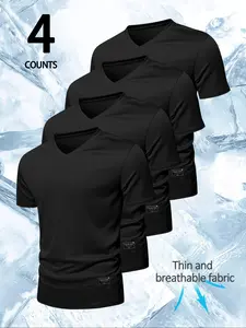 4pcs/Set Men's Solid Color Casual Loose V-Neck Short Sleeve T-Shirt, Quick-Dry Polyester Fabric, Essential for Summer, Ideal for Outdoor Running and Fitness, Trendy Casual Versatile Style