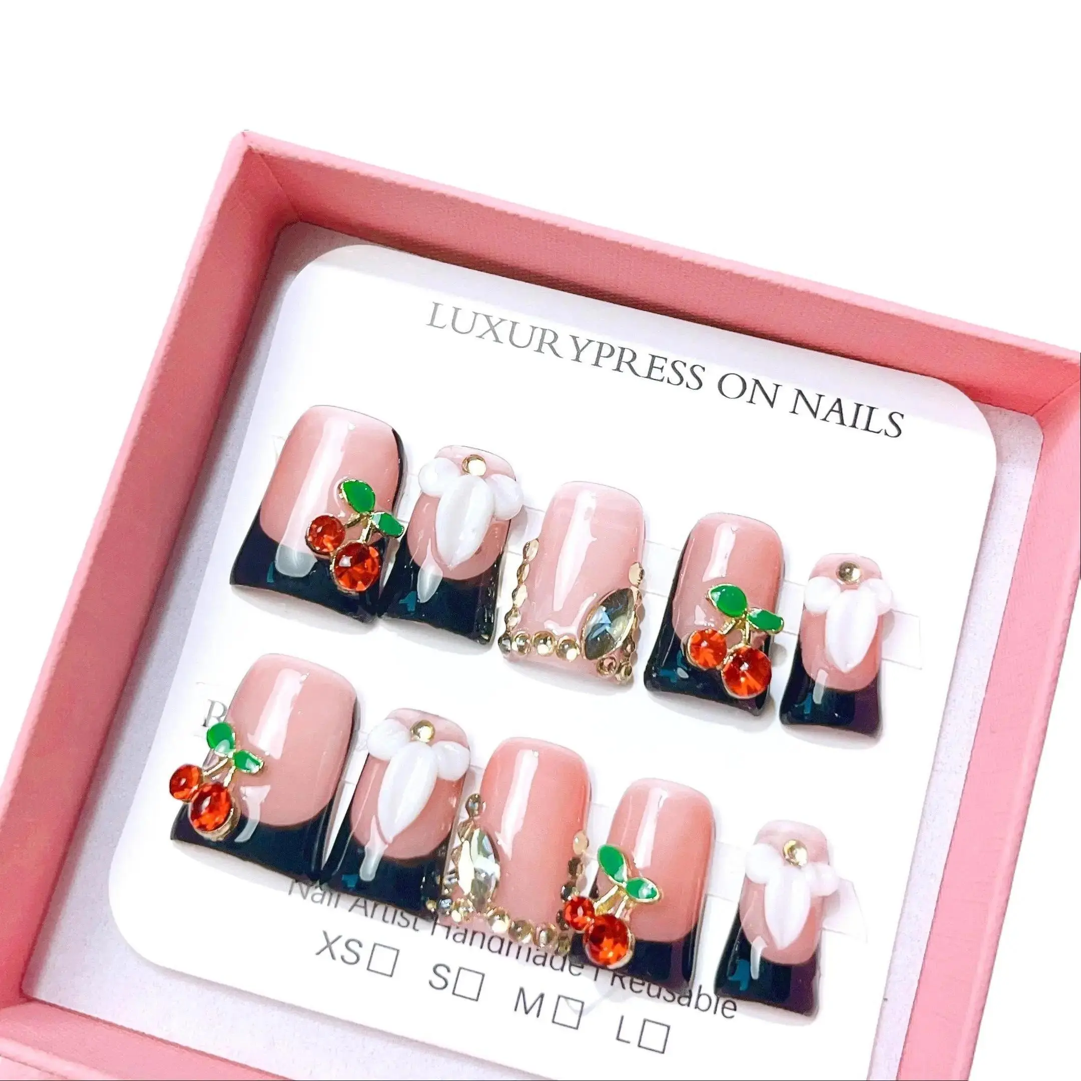 Nailrosy 10Pcs Handmade Press-On Nails Kit - Acrylic Soft Gel, Glossy Fake Nails, Black Cherry French, Short Duck Pink Nude, Y2K Minimalist, Shimmery, Neutral Classical Cute Kawaii Design, Manicure Box Included