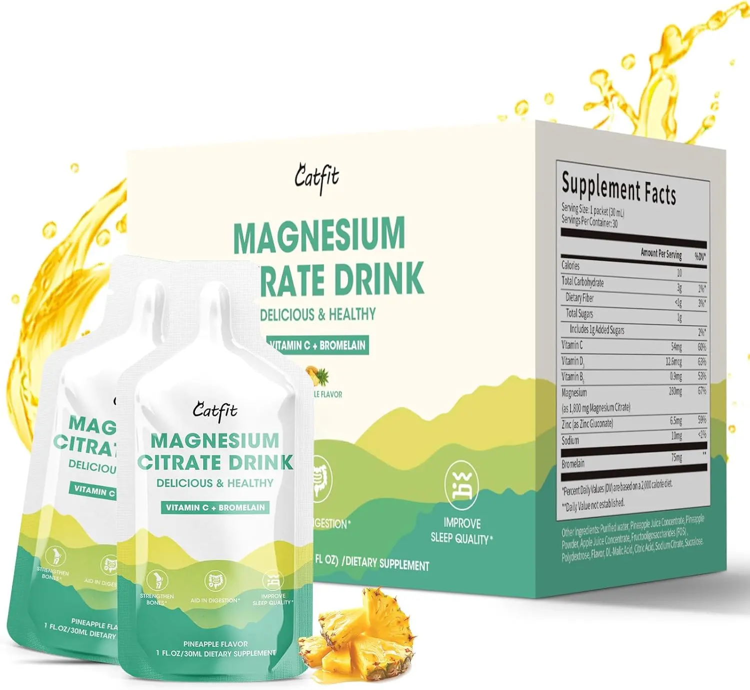 Catfit Magnesium Citrate Liquid (10 Fl Oz), Magnesium Complex Drink with Vitamin B, Zinc, Sodium and Bromelain for Sleep, Muscle, Heart, Gut Support