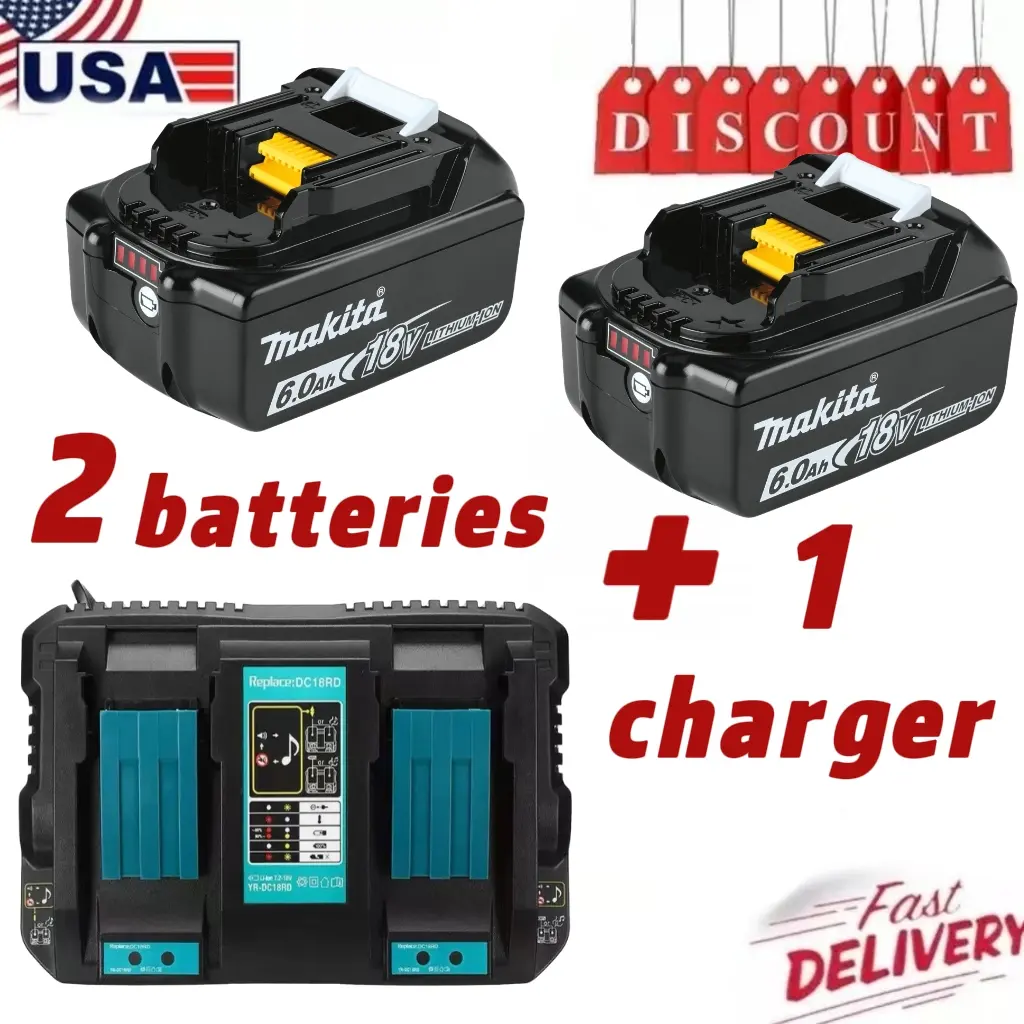 18V LXT Cordless Lithium Power Tool Battery & Charger Set (2 Batteries + 1 Charger) for Makita BL1830 BL1860 BL1840, with LED Indicator, 100% New, Battery And Charger