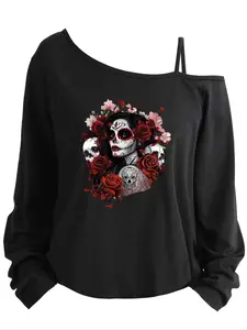 Women's Plus Size Long Sleeve Asymmetrical Neck Top, Loose-Fitting Printed Blouse, Casual Summer Clothing, Sizes 1-8xl