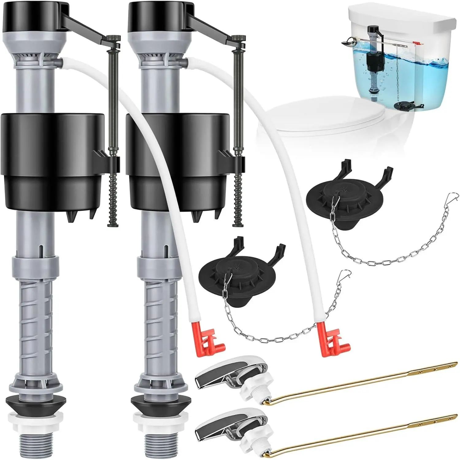 2-Pack Black Universal Toilet Tank Replacement Kit - Upgrade Design Leak-Proof Rubber Fill Valve, 2-in Flapper, Adjustable Height Quiet Handle, Easy-to-Install Bathroom Home Supplies to Enhance Toilet's Performance