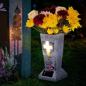 [1pc Solar Powered Grave Vase LED] 1pc Classic Solar Powered Grave Vase with LED, Plastic Floor Mount Memorial Gravestone Decoration, Family Theme Outdoor Graveyard Decor, Solar Charging with 1200mAh Battery, Includes Stakes for Artificial/Real Flowers