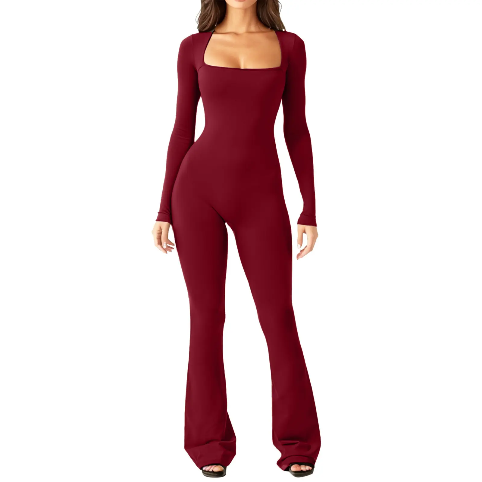 NewLong-sleeved jumpsuit [Tall people should choose carefully] Women's square neck wide leg full-length jumpsuit women's overalls, women's long-sleeved tummy-control waist and hip-lifting // Tall people should be careful when purchasing